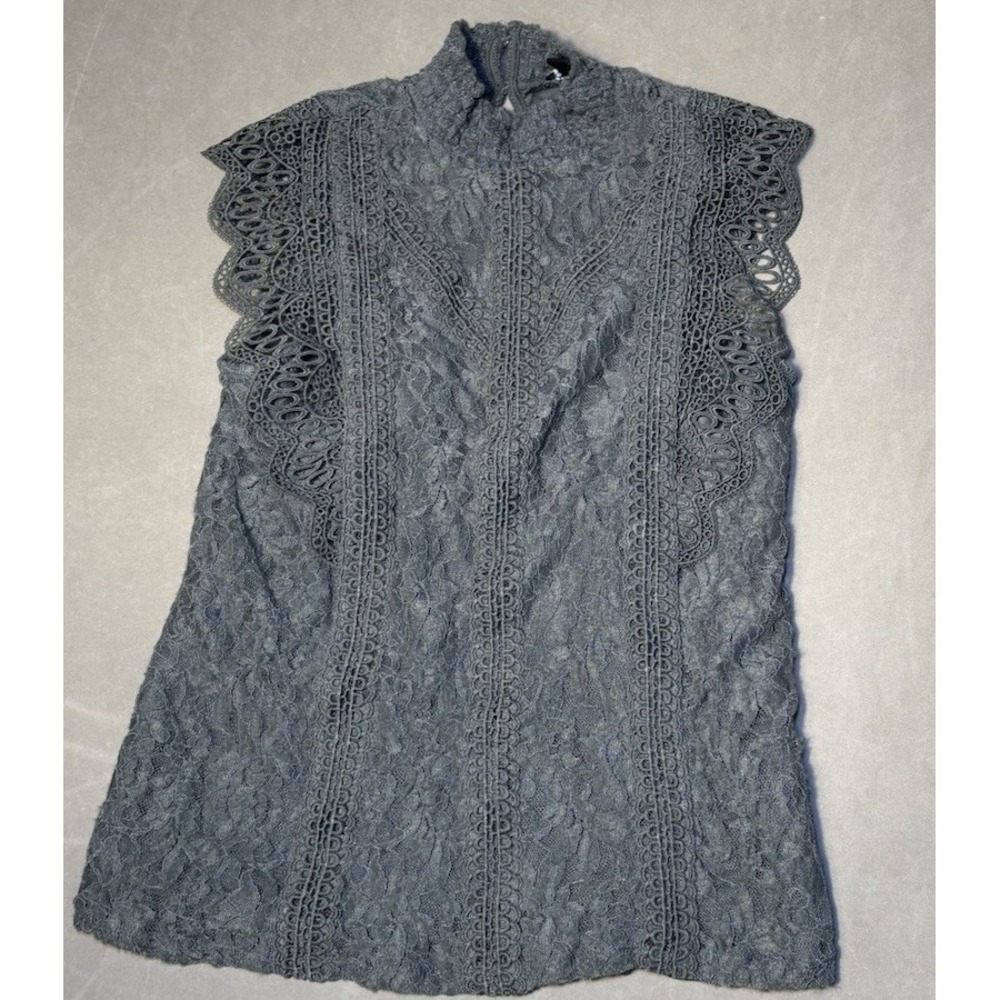 Cable & Gauge Lace Blouse Women Medium Olive Green Mock Neck Sleeveless Boho Top